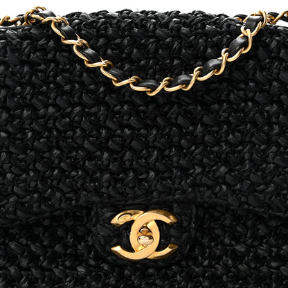 Raffia Crochet Paris Greece Medium Flap Bag Black