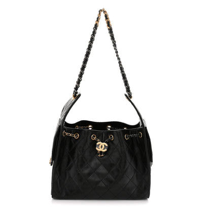 Shiny Crumpled Calfskin Quilted Small Chanel 25 Handbag Black