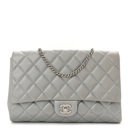 Metallic Lambskin Quilted Clutch With Chain Flap Silver