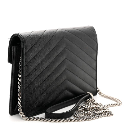 Grain De Poudre Matelasse Chevron Monogram Envelope Chain Wallet Black