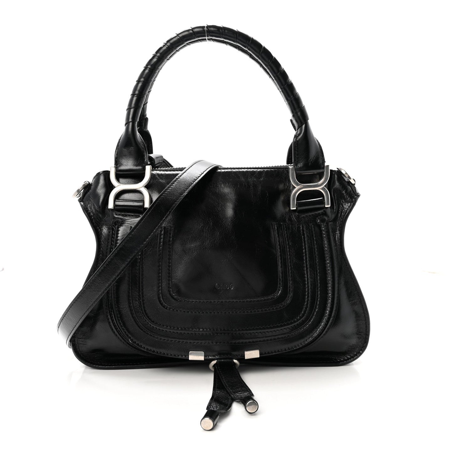 Shiny Grained Calfskin Small Marcie Bag Black