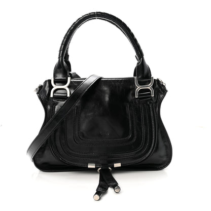Shiny Grained Calfskin Small Marcie Bag Black