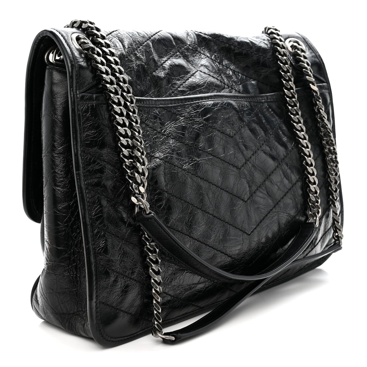 Crinkled Calfskin Matelasse Monogram Large Niki Chain Satchel Black