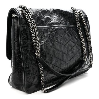 Crinkled Calfskin Matelasse Monogram Large Niki Chain Satchel Black