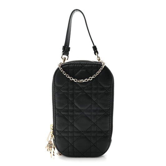 Lambskin Cannage Lady Dior Phone Holder Black