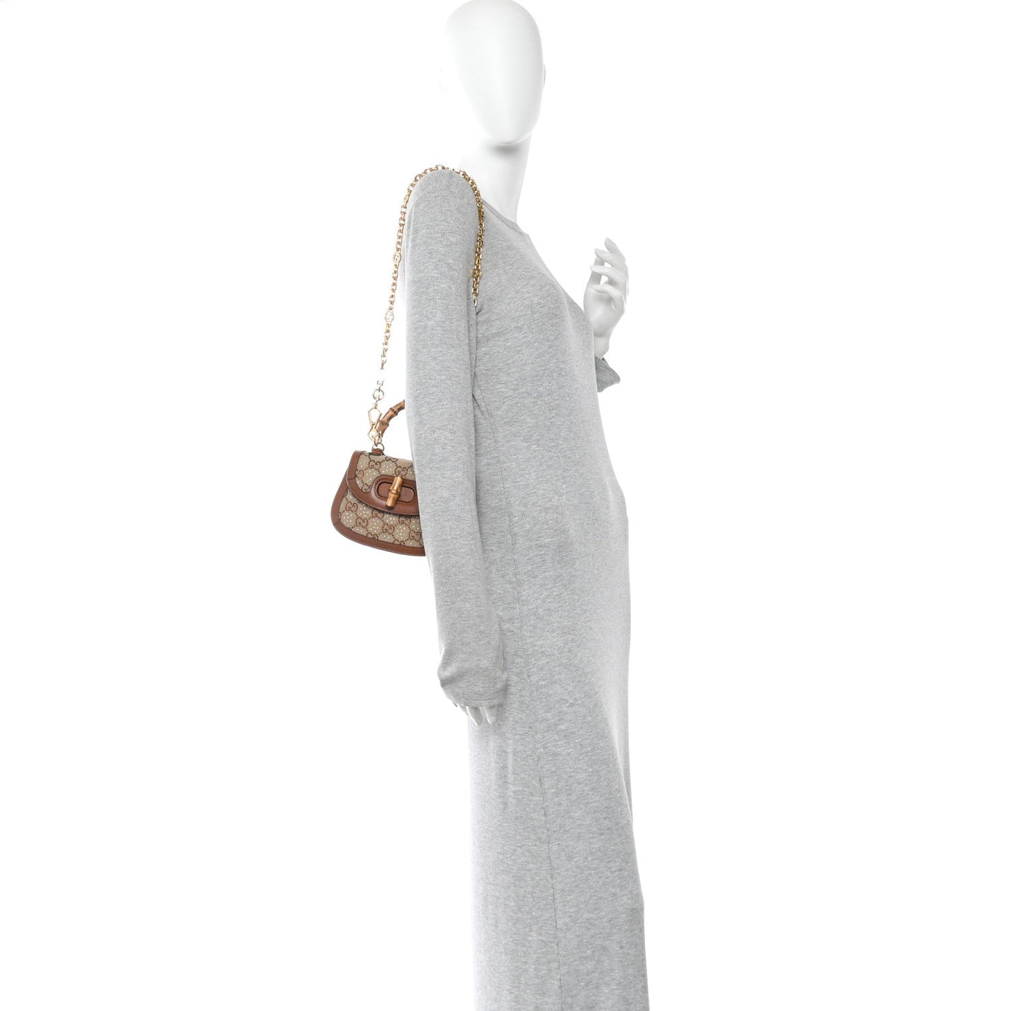 New Canvas Charisma Calfskin Crystal GG Monogram Small Bamboo 1947 Top Handle Bag Camel Ebony