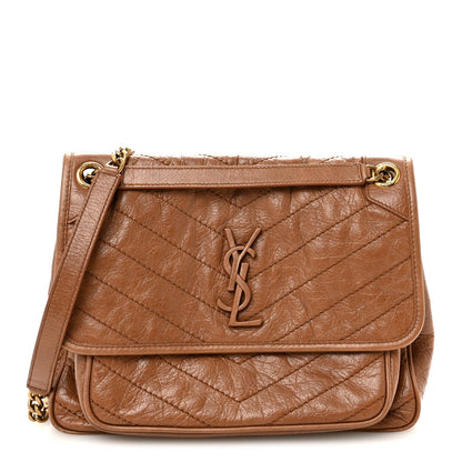 Crinkled Calfskin Matelasse Monogram Medium Niki Chain Satchel Caramel