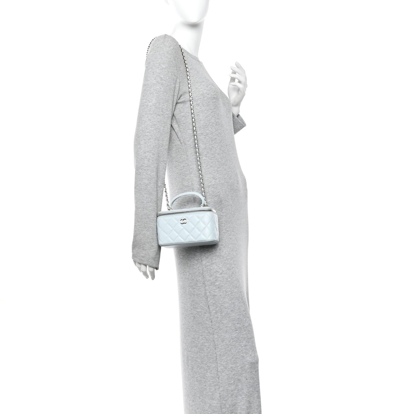 Lambskin Quilted Small Top Handle Vanity Case With Chain Light Blue
