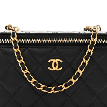Lambskin Quilted Pearl Crush Small Vanity Case With Chain Black
