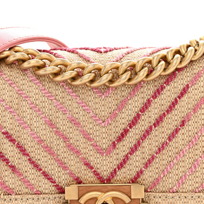 Raffia Chevron Quilted Small Boy Flap Beige Pink