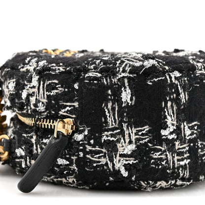 Tweed Quilted 19 Round Clutch With Chain Black White