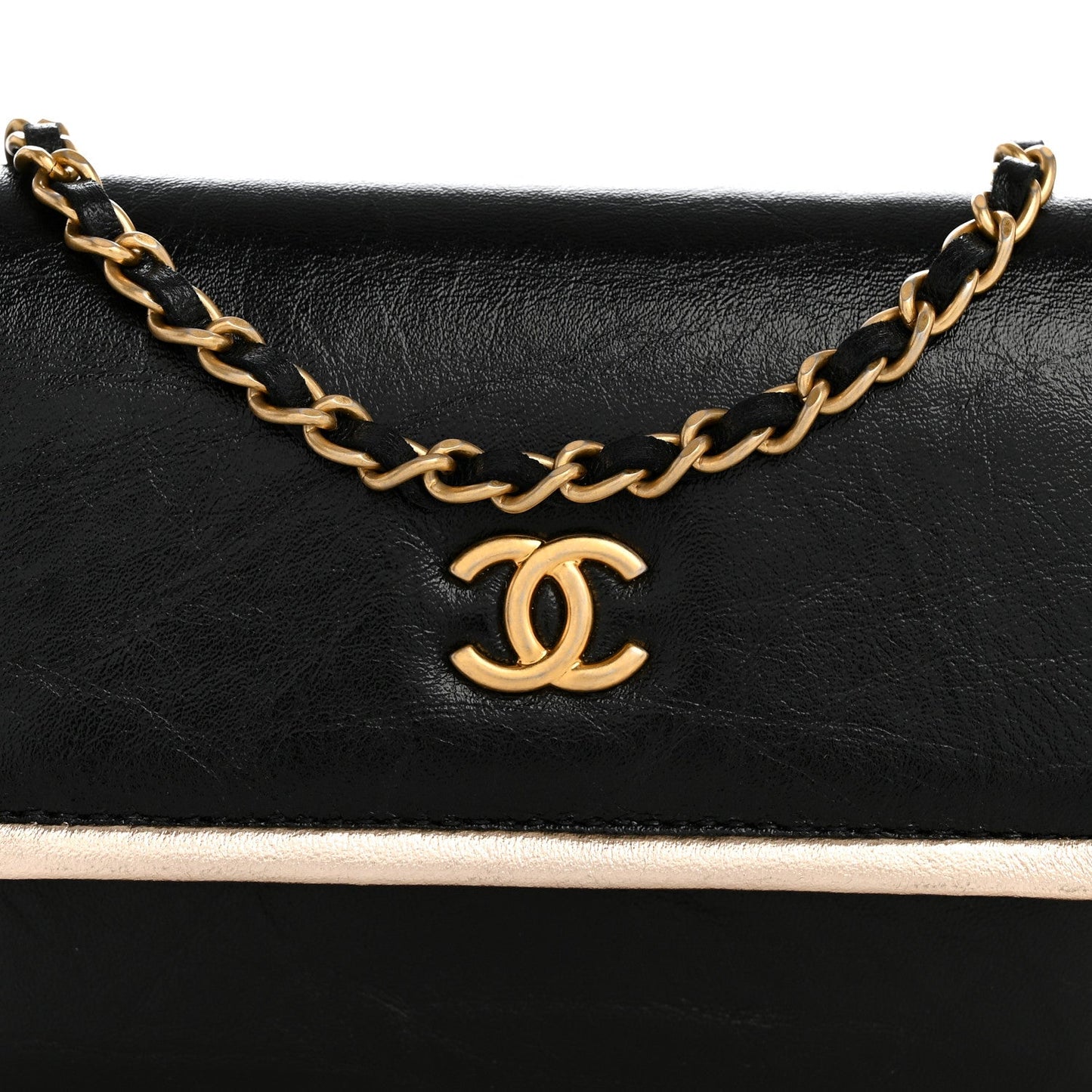 Metallic Calfskin Clutch With Chain Black Gold