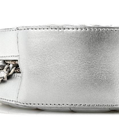 Metallic Calfskin Quilted Round Bracelet Clutch With Chain Silver