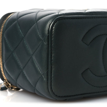 Iridescent Lambskin Quilted Small Top Handle Vanity Case With Chain Green