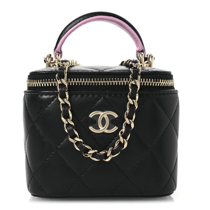Lambskin Quilted Top Handle Mini Vanity Case With Chain Black Pink