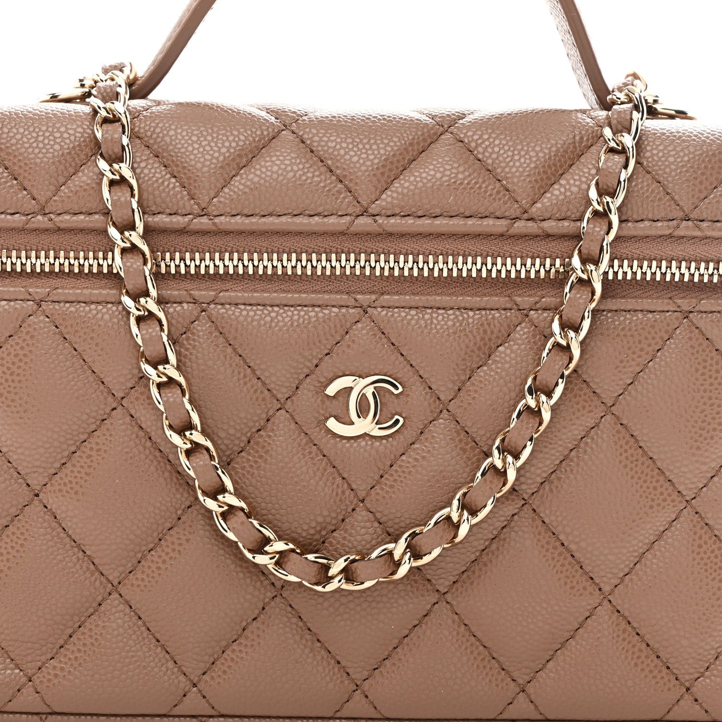 Caviar Quilted Top Handle Slim Vanity With Chain Dark Beige