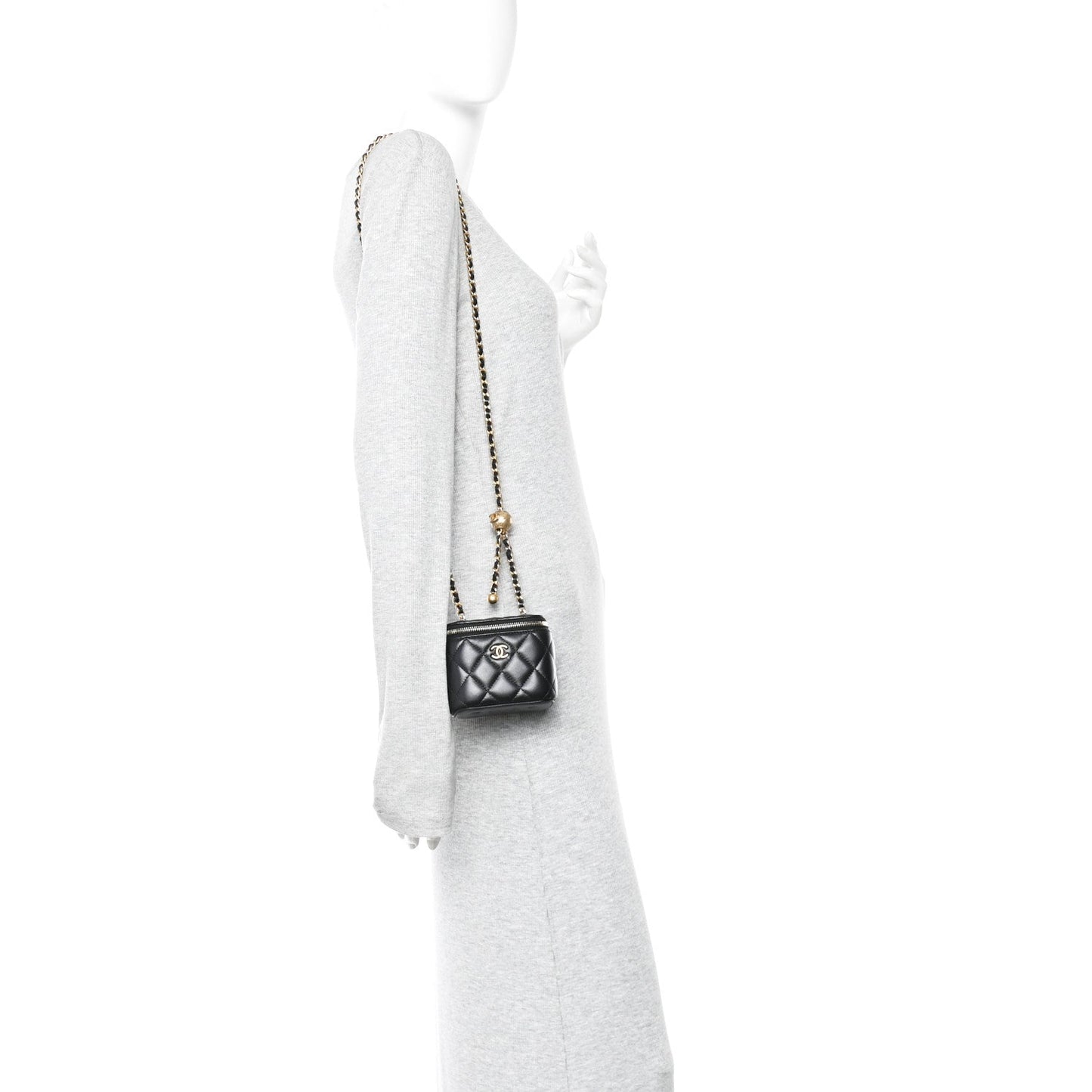 Lambskin Quilted Mini Pearl Crush Vanity Case With Chain Black