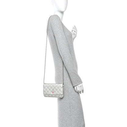 Metallic Lambskin Quilted Wallet On Chain WOC Silver