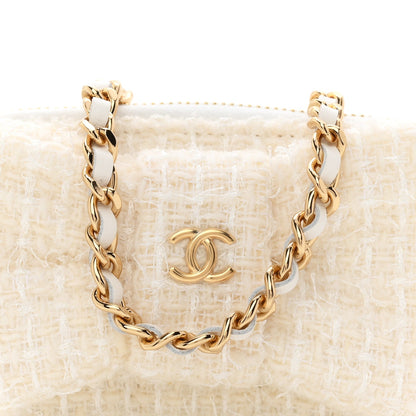 Tweed Quilted Bow Flap Card Holder On Chain White