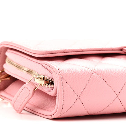 Caviar Quilted Phone Holder Wallet on Removable Chain Pink