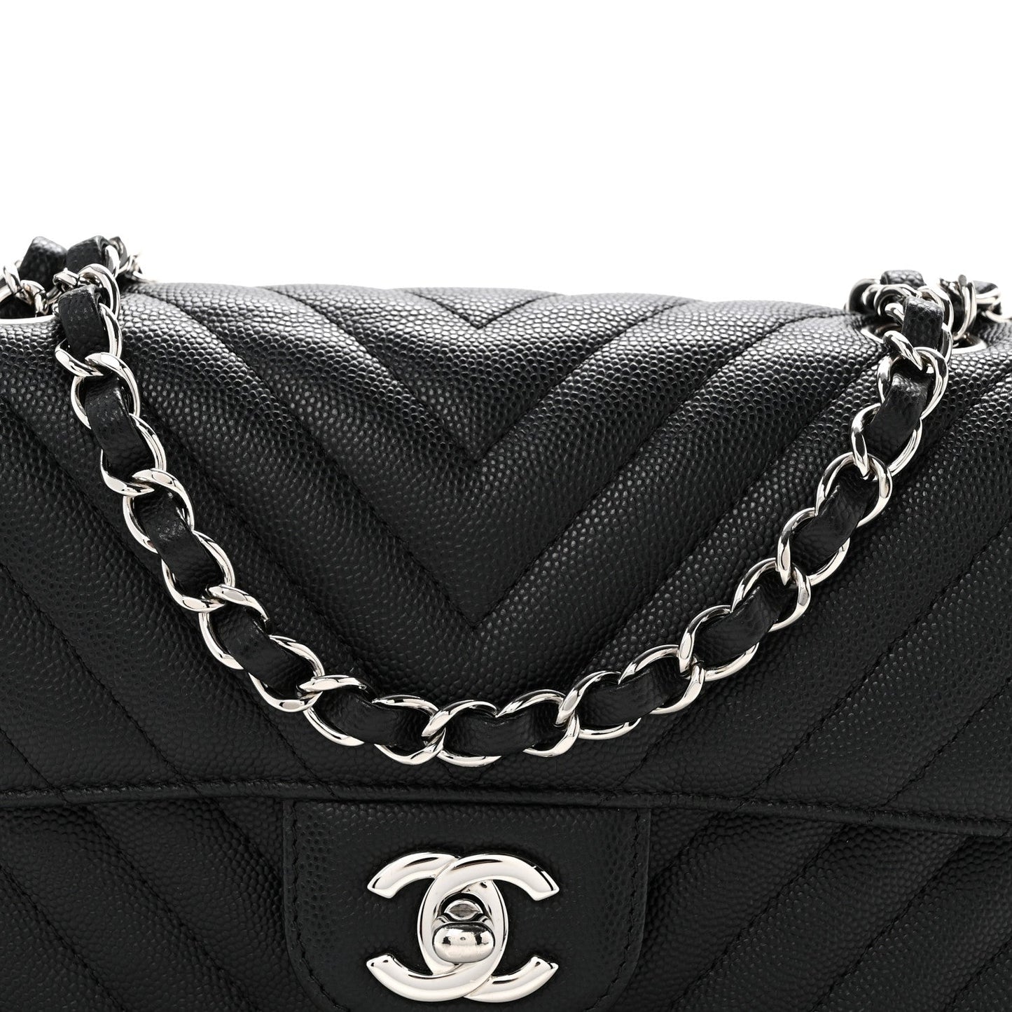 Caviar Chevron Quilted Mini Rectangular Flap Black