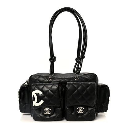 Calfskin Quilted Small Cambon Multipocket Reporter Black White