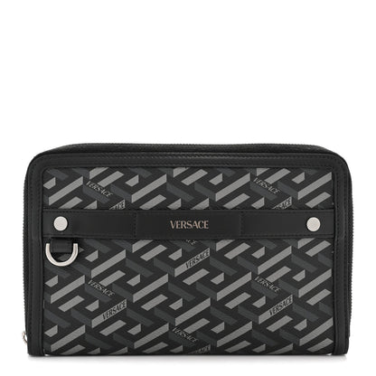 Coated Canvas La Greca Signature  Black Gray