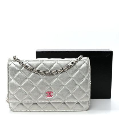 Metallic Lambskin Quilted Wallet On Chain WOC Silver