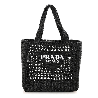 Yarn Raffia Effect Crochet Logo Embroidered Small Tote Bag Black