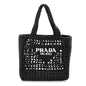 Yarn Raffia Effect Crochet Logo Embroidered Small Tote Bag Black
