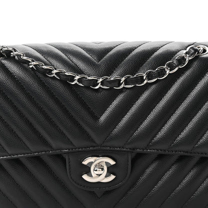 Caviar Chevron Quilted Medium Double Flap Black