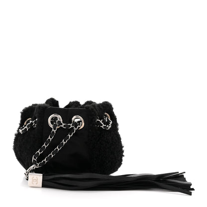 Fur Satin Drawstring Tassel Sac Cordon Shoulder Bag Black