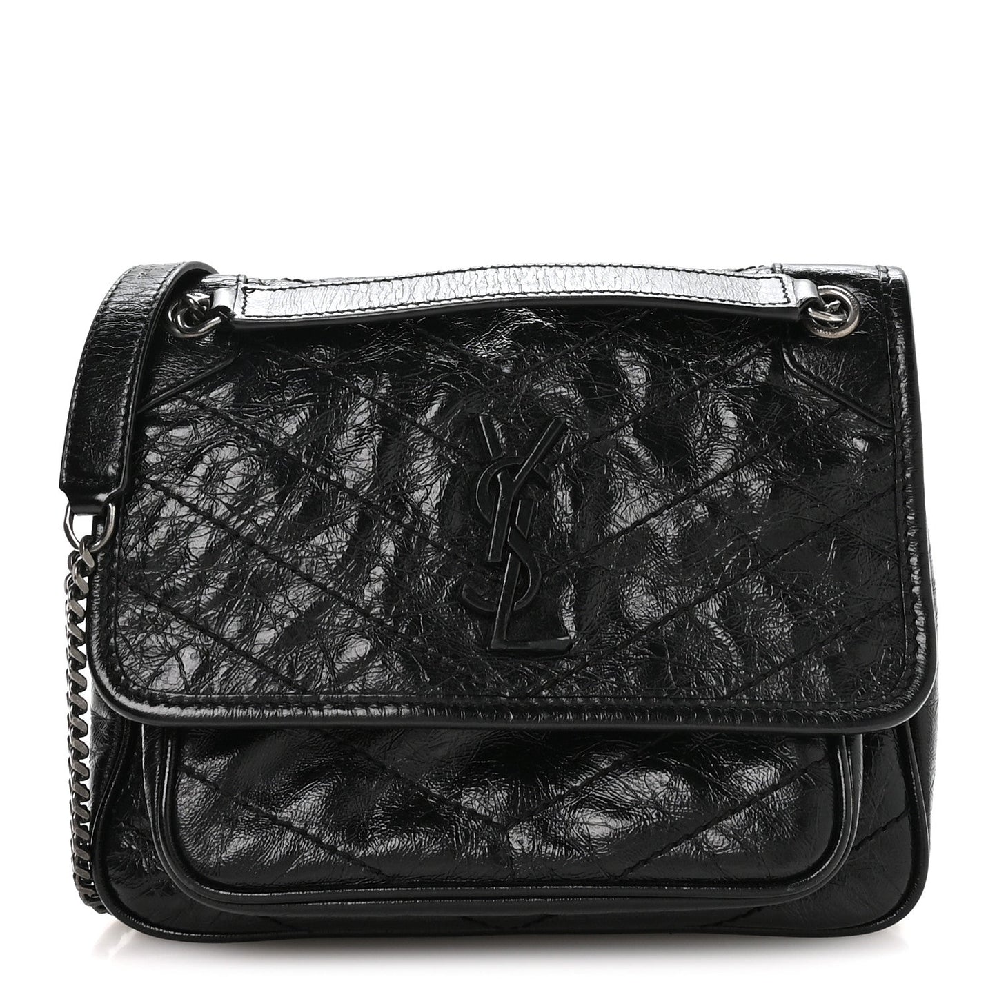 Crinkled Calfskin Matelasse Monogram Baby Niki Chain Satchel Black