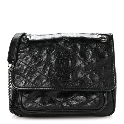 Crinkled Calfskin Matelasse Monogram Baby Niki Chain Satchel Black
