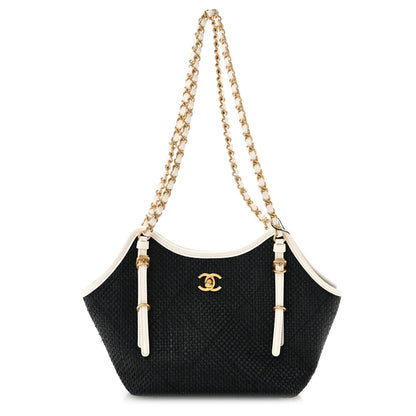 Braided Raffia Calfskin Stitched Small Shopping Tote Black White