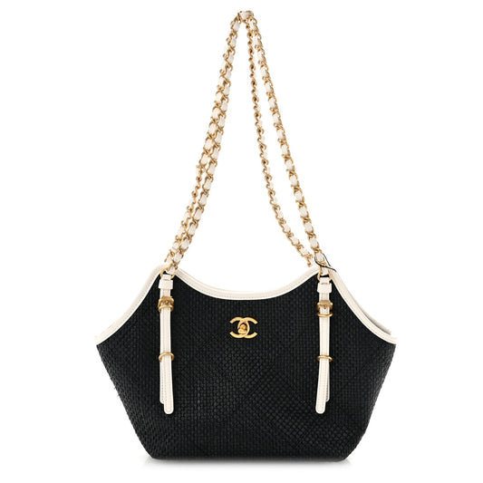 Braided Raffia Calfskin Stitched Small Shopping Tote Black White
