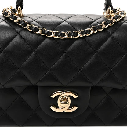 Lambskin Quilted Mini Top Handle Rectangular Flap Black