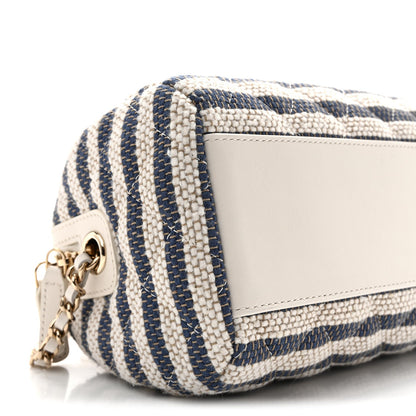 Printed Fabric Clutch With Chain Light Beige Dark Blue