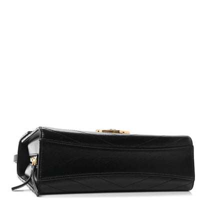 Calfskin Chevron Quilted Medal Flap Black