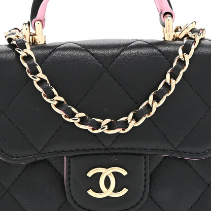 Lambskin Quilted Bi-Color Top Handle Clutch With Chain Black Pink