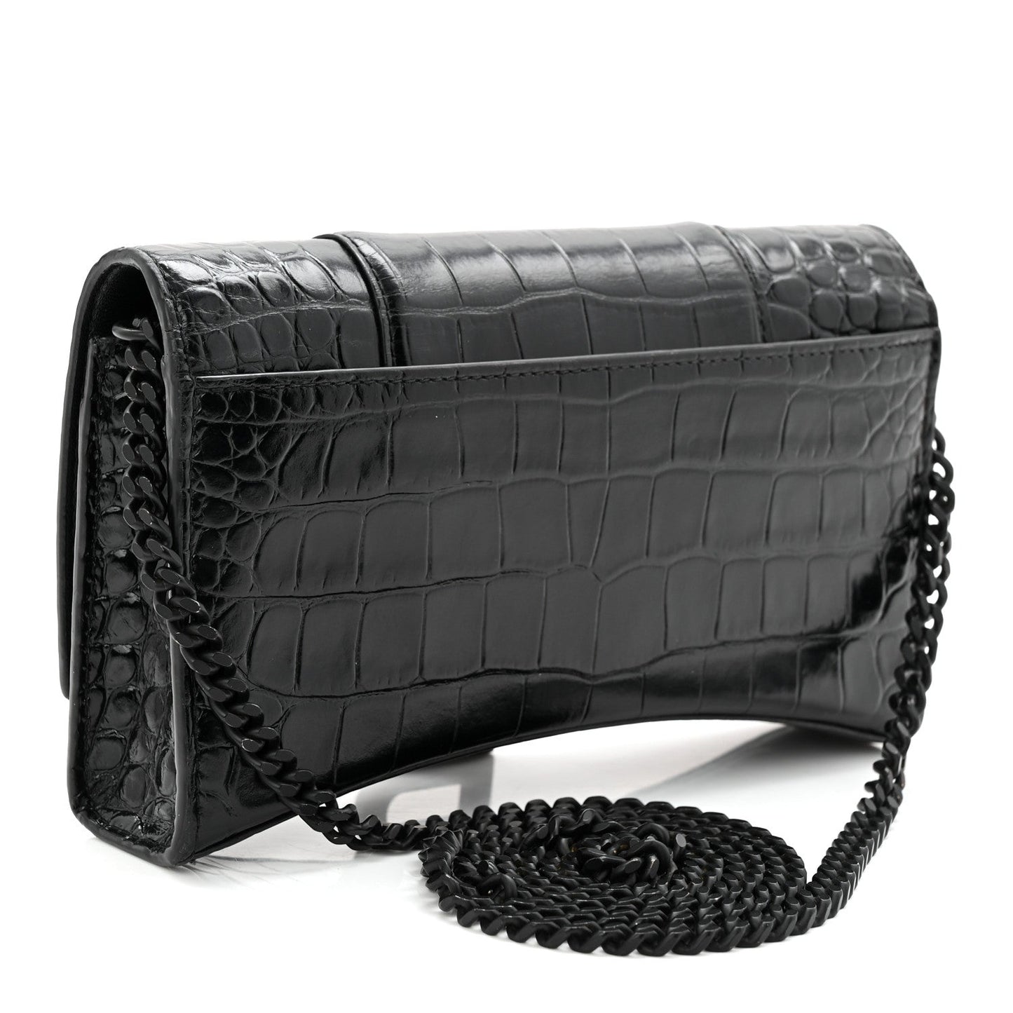 Shiny Calfskin Monochrome Crocodile Embossed Hourglass Chain Bag Black