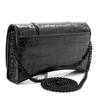 Shiny Calfskin Monochrome Crocodile Embossed Hourglass Chain Bag Black