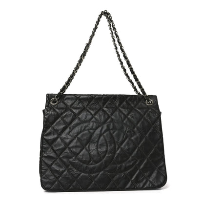 Glazed Calfskin Quilted CC XL Single Flap Black