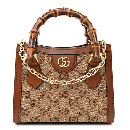 New Canvas Charisma Calfskin Crystal GG Monogram Mini Diana Tote Bag Camel Ebony