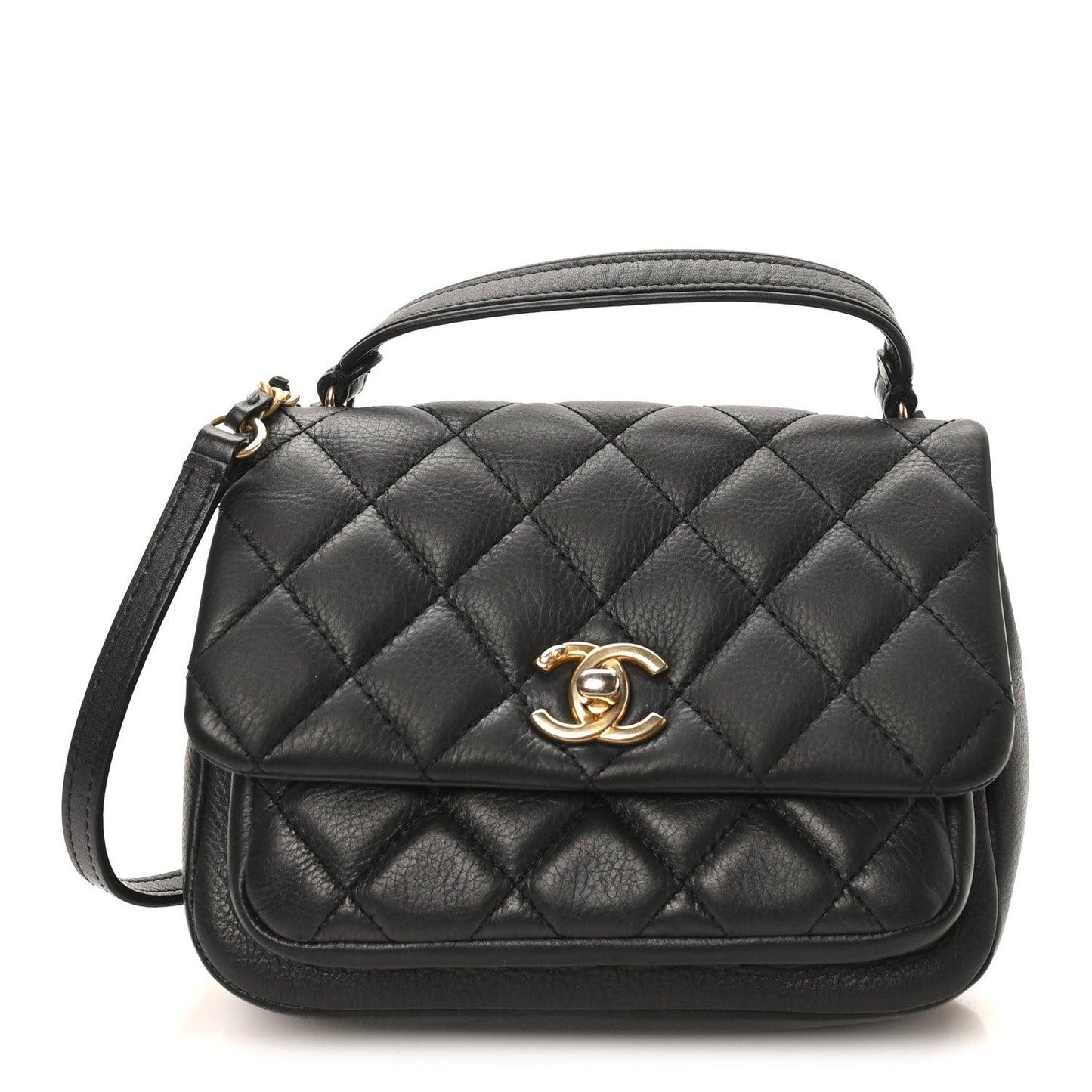 Calfskin Quilted Top Handle Flap Black