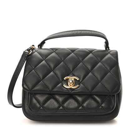 Calfskin Quilted Top Handle Flap Black