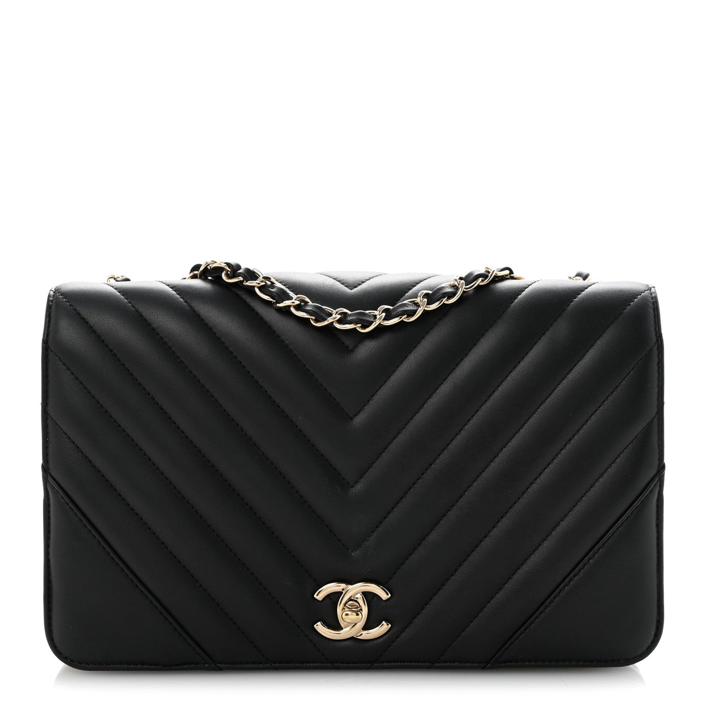 Calfskin Chevron Quilted Large Statement Flap Black