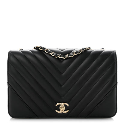 Calfskin Chevron Quilted Large Statement Flap Black