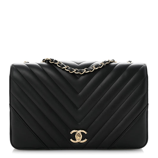 Calfskin Chevron Quilted Large Statement Flap Black