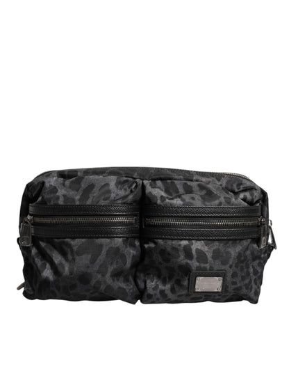 Dolce & Gabbana Black Gray Leopard DG Logo Belt Waist Fanny Pack Men's Bag